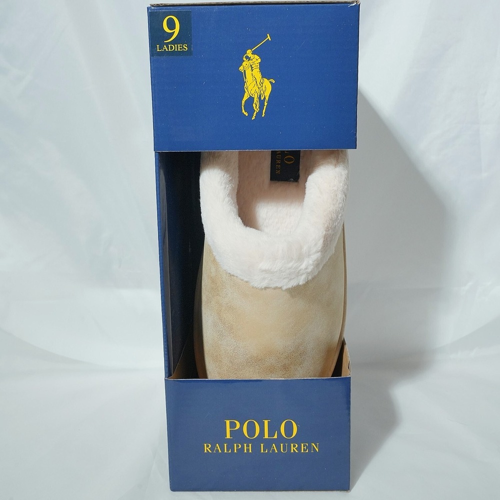 NIB POLO Ralph Lauren Gold Charlotte Scuff Slippers Slide Mule Women‎ 7 Faux Fur